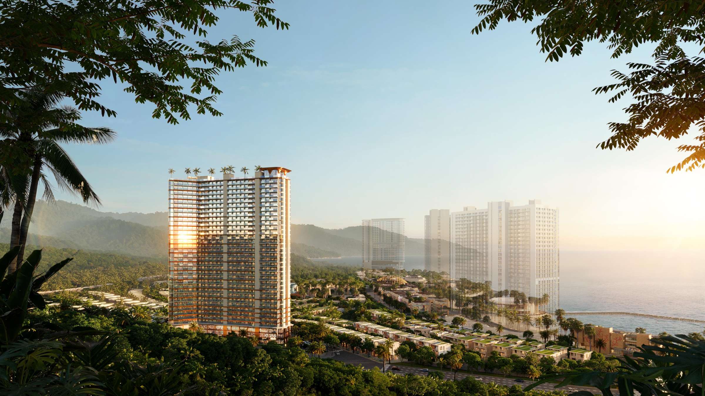 Phối cảnh toà Alora giữa khu villa, nhìn ra vịnh